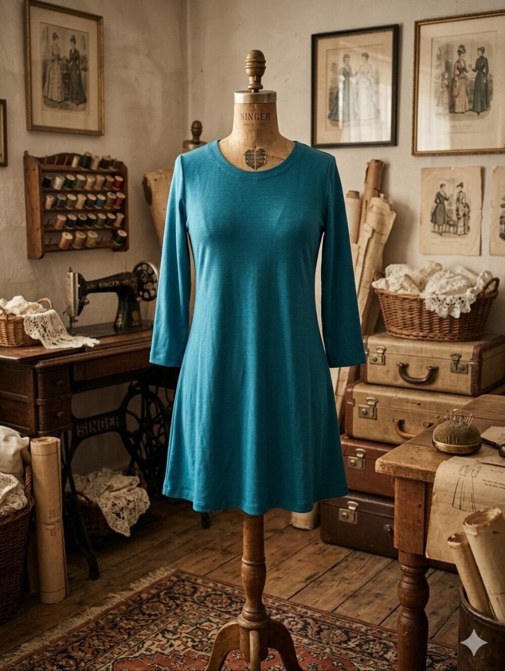 Vtg ONCEMORE Vibrant Teal A-Line Dress with Shoulder Pads